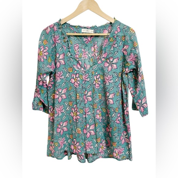 Natural Life Boho Floral Peasant Top Teal Pink Hippie Bohemian Blouse S/M - Picture 2 of 8